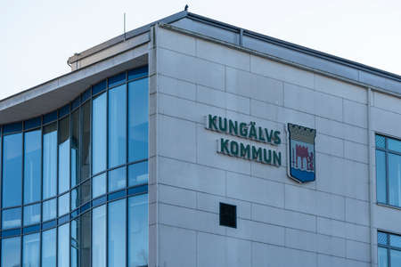 The logo and Municipal Town hall or headquarters of Kungalv County near Gothenburg, Sweden.のeditorial素材