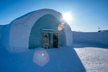 Jukkasjarvi, Sweden - April 2020: Entrence to Icehotel in Jukkasjarvi beautiful art suite and individual themed accommodation near Kiruna in Swedish Lapland.のeditorial素材