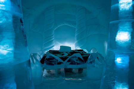Jukkasjarvi, Sweden - April 2020: Icehotel in Jukkasjarvi beautiful art suite and individual themed accommodation near Kiruna in Swedish Lapland.のeditorial素材