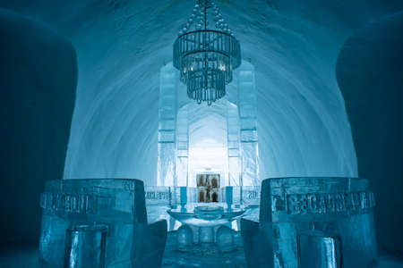 Jukkasjarvi, Sweden - April 2020: Icehotel in Jukkasjarvi beautiful art suite and individual themed accommodation near Kiruna in Swedish Lapland.のeditorial素材