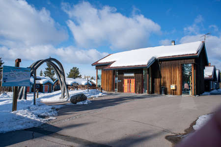 Jukkasjarvi, Sweden - April 2020: Icehotel Reception building and parking lot at Jukkasjarvi Icehotel Lapland Sweden.のeditorial素材