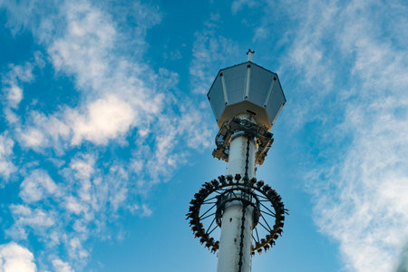 GOTHENBURG, SWEDEN - JULY 8, 2019: Atmosfear Drop tower Ride at Liseberg Amusement park Gothenburg Sweden - People enjoying the ride screams of excitement at the very top.のeditorial素材
