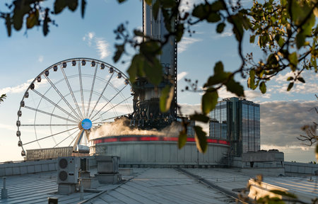GOTHENBURG, SWEDEN - JULY 8, 2019: Atmosfear Drop tower Ride at Liseberg Amusement park Gothenburg Sweden - People enjoying the ride screams of excitement at the very top.のeditorial素材
