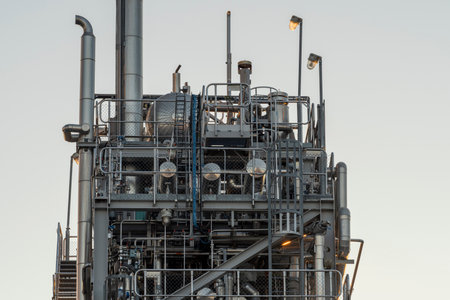 Industrial Pipelines details up close during sunset at paper mill factory in Northern Sweden.の写真素材