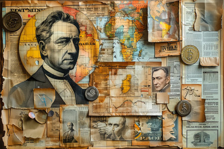 An intriguing collage featuring a world map, texts, coins, and images of people with obscured faces. Elements overlap creating a sense of mystery and exploration.の素材