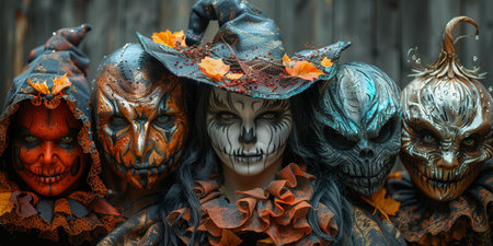 Three Halloween-themed figures with their faces obscured by colored masks. Each figure is adorned in detailed, spooky attire, reminiscent of witches or other supernatural entities.の素材