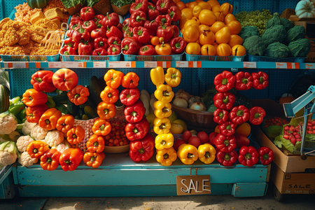 An enticing display of fresh, vibrant vegetables with SALE spelled out using bell peppers.の素材