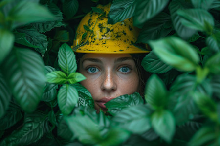 A woman in a yellow hard hat peeks through dense green foliage, vibrant plants surrounding her, indicating she is carefully observing her environment, perhaps in a construction or exploration context.の素材