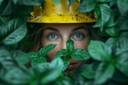 A yellow hard hat peeks through thick green vegetation, symbolizing the contrast between human construction and the natural world in an aesthetically intriguing way.の素材