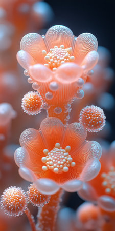 Close-up of delicate coral polyps with vibrant colors and intricate details.の素材