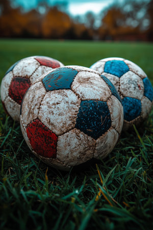 Three worn soccer balls resting on grassy field under a cloudy sky.の素材