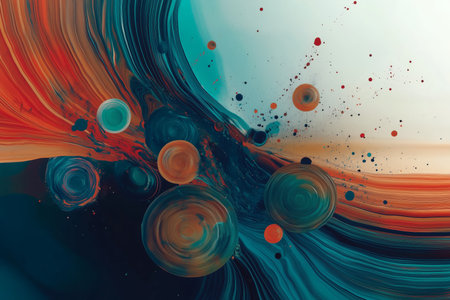 An abstract composition featuring swirling colors in orange, teal, and blue, with floating circular shapes.の素材