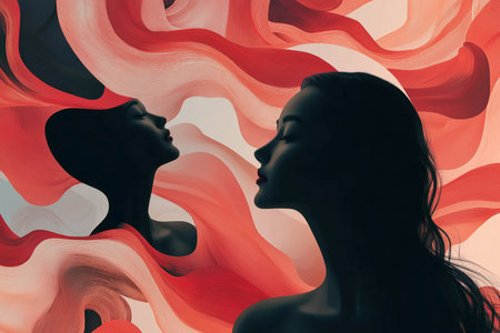 A captivating silhouette of a woman is highlighted against a background of swirling red and cream abstract shapes, evoking emotion and grace.の素材