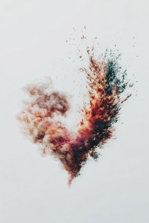 An artistic representation of a heart shape formed by colorful explosions of smoke and particles, conveying emotion.の素材