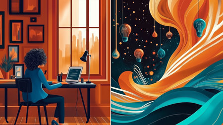 A woman with curly hair is focused on her laptop at a desk by a window, with creative abstract colors cascading around.の素材