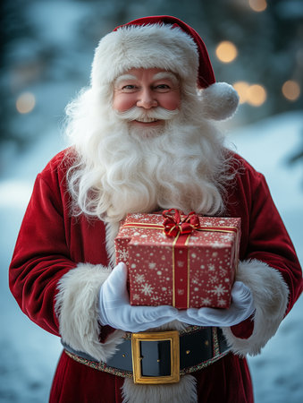 Santa Claus stands cheerfully in a winter landscape, holding a festive gift, embodying the magic of Christmas.の素材