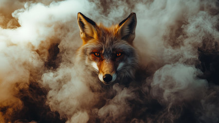 A close-up of a fox's head, featuring piercing orange eyes and fur, partially obscured by wispy clouds.の素材