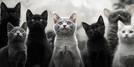 A diverse gathering of eight cats showcasing various colors, including gray, black, and white. Their wide eyes and attentive expressions reveal curiosity in a soft-focused background.の素材