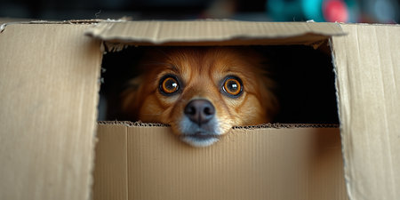 A small, light-brown dog gazes out from a cardboard box, showcasing its large, expressive eyes and playful demeanor.の素材