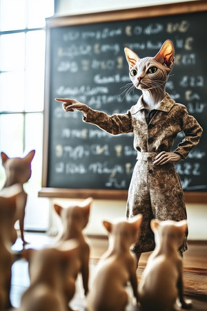 A whimsical scene featuring a cat dressed as a teacher. The cat points while standing before a classroom of smaller cat figurines.の素材