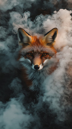 A striking red fox peers through a dense fog, its expressive gaze capturing the essence of wilderness.の素材