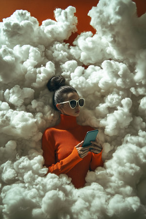 A woman with sunglasses sits comfortably amidst fluffy, white clouds, focused on her smartphone. The vibrant orange background creates a lively atmosphere.の素材