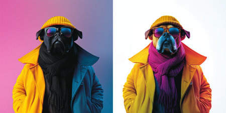 A fashionable pug stands confidently in a vibrant coat, sunglasses, and scarf. The contrasting backgrounds add a unique flair to the photo.の素材