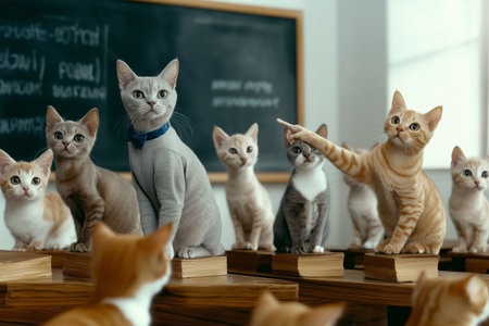 Nine cats sitting on wooden desks in a classroom, with one gray cat wearing a sweater, engaged in discussion.の素材