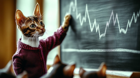A tabby cat dressed in a sweater stands beside a blackboard, pointing at a rising graph, engaging other cats.の素材