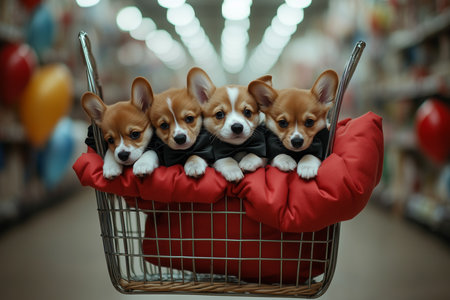 A charming scene featuring four Corgi puppies comfortably nestled in a shopping cart lined with a red cushion. Their playful expressions add joy to the setting.の素材