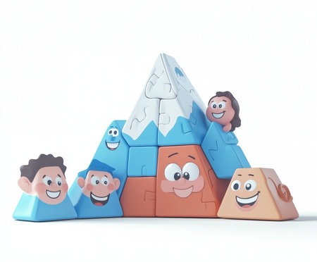A vibrant playset featuring cheerful cartoon characters, constructing a multi-colored mountain. The playful design invites imagination and creativity, perfect for kids.の素材