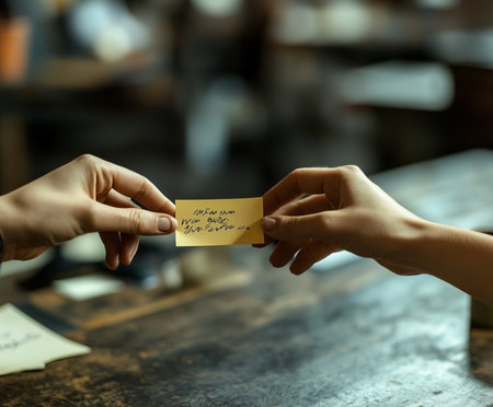 The image captures a moment of connection as two hands trade a handwritten note, surrounded by a warm, inviting atmosphere.の素材
