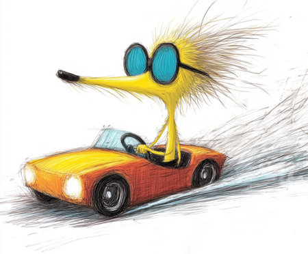 The whimsical character, characterized by exaggerated features, enjoys a vibrant ride in a small, sporty car. Its playful demeanor and bright colors create a fun and energetic scene.の素材