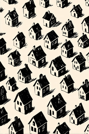 An enchanting illustration featuring a diverse array of houses in black ink on a light background. The design showcases various shapes and sizes, creating a playful, artistic vibe.の素材