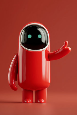 This vibrant red robot features a rounded design and a glossy surface. Its big black eyes and raised thumb convey a friendly demeanor, set against a solid dark red background.の素材
