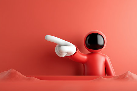 This illustration features a stylized red figure with a glossy black head, pointing with one hand. The background is a solid red, creating a striking and playful visual.の素材