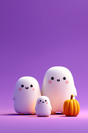 A charming trio of cute cartoon ghosts, with a bright pumpkin, set against a vibrant purple backdrop.の素材