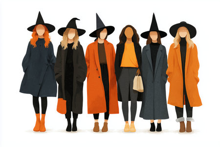A group of fashionable women wearing witch hats and colorful coats, exuding a modern Halloween spirit with a blend of orange, black, and earthy tones.の素材