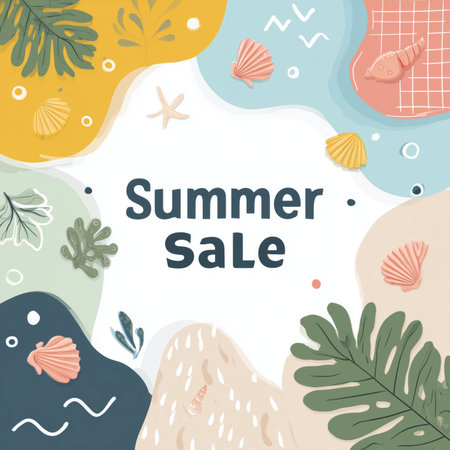 Vibrant illustration featuring a summer sale theme. Colorful backgrounds with shells, leaves, and aquatic elements create a playful mood, perfect for attracting attention to promotions.の素材
