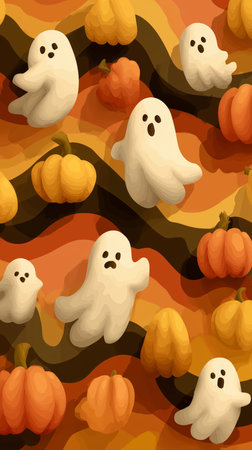A whimsical pattern featuring cheerful and surprised ghosts dancing among bright orange pumpkins on a warm, autumnal background. The illustration captures a festive and playful spirit.の素材