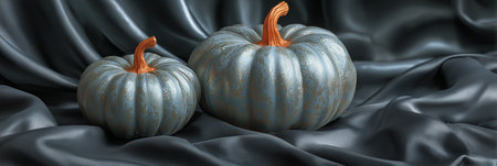 The image features two pumpkins, one large and one small, with a soft, textured surface. They are beautifully styled against a dark, silky backdrop, creating an elegant autumn atmosphere.の素材