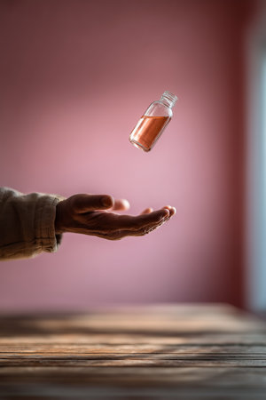 A mystical scene featuring a hand reaching out to catch a levitating vial filled with liquid, illuminated by soft light.の素材