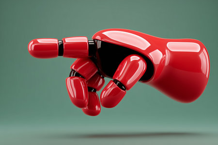 This image features a glossy red robotic hand in a pointing gesture, exuding a futuristic aesthetic.の素材