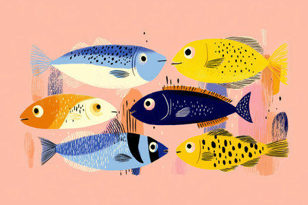 A whimsical illustration featuring six vibrant, cartoon-style fish in various colors and patterns, set against a soft pink backdrop.の素材