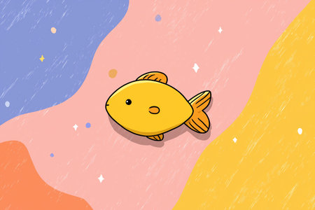A charming yellow fish swims alone on a pastel abstract background with splashes of color.の素材