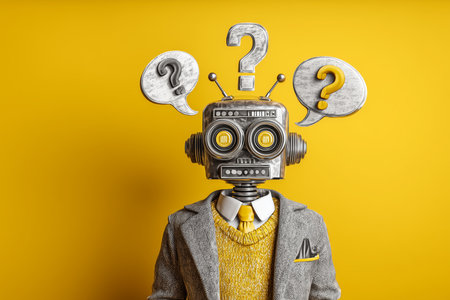 The image features a stylized robot in formal attire, set against a vibrant yellow background, embodying curiosity.の素材