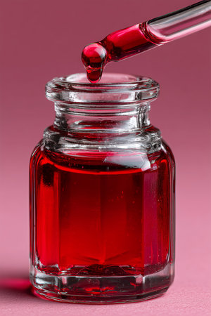 A close-up of a glass jar filled with vibrant red liquid, featuring a dropper. The soft pink background enhances the visual appeal.の素材