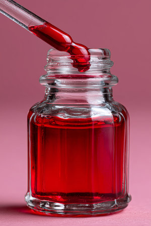 The image features a glass bottle containing vibrant red liquid, with a dropper poised above it, creating a visually striking composition.の素材