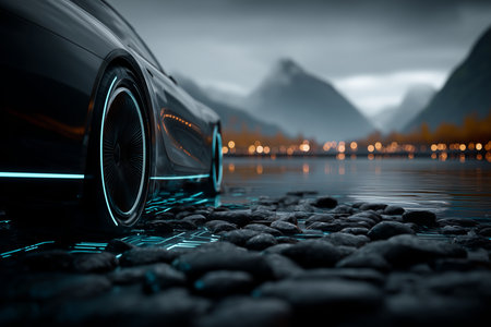 A sleek, modern car with illuminated wheels rests on a rocky shoreline next to a calm lake, enhanced by a dramatic mountain backdrop.の素材