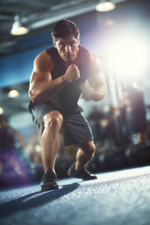 A focused male athlete performs an intense workout in a bright gym, showcasing strength and determination.の素材
